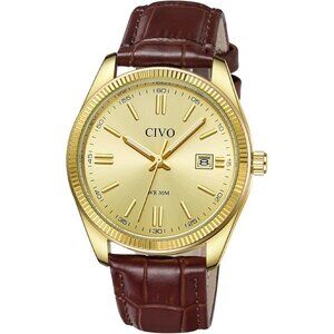 Men's Leather-Gold Stainless Steel Hook Buckle Analog Comfortable Stylish Watch
